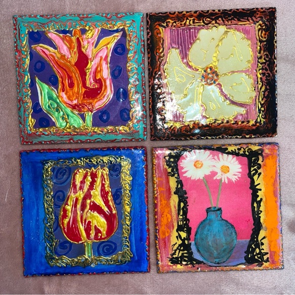 FLORAL ART TILES Coaster Set - Set 4 Coasters - Cork Backed Pre-Owned BOHO - Picture 1 of 6